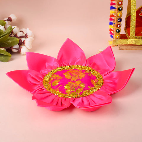 Sacred satin Kamal Asan with lotus design and golden lace border for pooja and meditation. India’s Largest Pooja Accessories Brand - www.satvikstore.in
