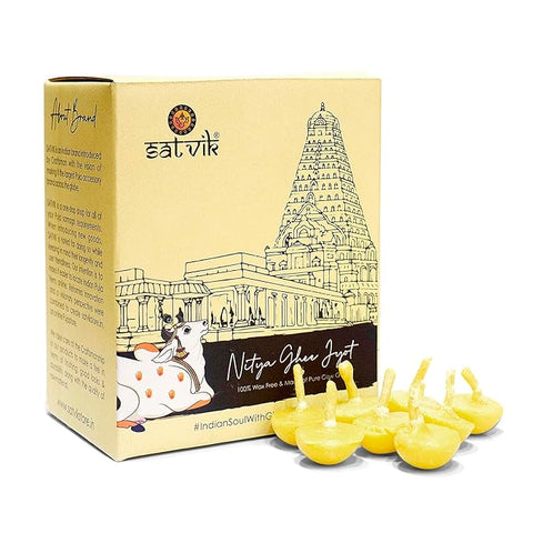 Bulk Pack of 100 Pure Cow Ghee Diya Wicks (Wax Free), made from Ayurvedic cow ghee for long, clean-burning light during aarti and festivals. India’s Largest Pooja Accessories Brand – www.satvikstore.in