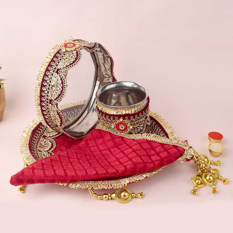 11 Pc Maroon Embroidery Karwa Chauth Thali Set with Cover, Channi, Kalash, and Complete Pooja Kit. India’s Largest Pooja Accessories Brand - www.satvikstore.in