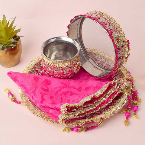 11 Pc Pink Embroidery Karwa Chauth Thali Set with Channi Lota Cover and Puja Accessories. India’s Largest Pooja Accessories Brand - www.satvikstore.in