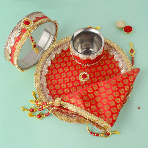 11 Pc Stunning Red Embroidery Karwa Chauth Thali Set with Cover, Channi, Kalash, and Complete Puja Kit. India’s Largest Pooja Accessories Brand - www.satvikstore.in