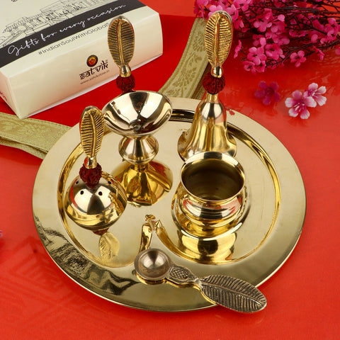 6 Piece Brass Rudraksha Pooja Thali Set (9 Inch) Design 9 Ideal for Diwali, Lakshmi Pooja, daily rituals, and gifting for prosperity and blessings - Satvikstore.in