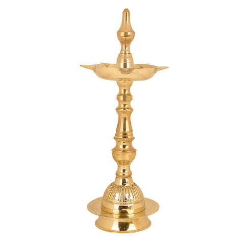 9.5 Inch Embossed Kalash Kerala Brass Diya – Handcrafted brass diya with an embossed kalash design, perfect for pooja ceremonies, religious rituals, and spiritual occasions. India’s Largest Pooja Accessories Brand – www.satvikstore.in