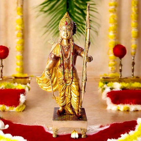 Enhance your décor with this Exquisite Brass Ram Statue, showcasing Lord Ram in a striking pose with a vibrant bow. Intricately crafted and adorned with colorful detailing, this statue embodies grace, strength, and devotion.