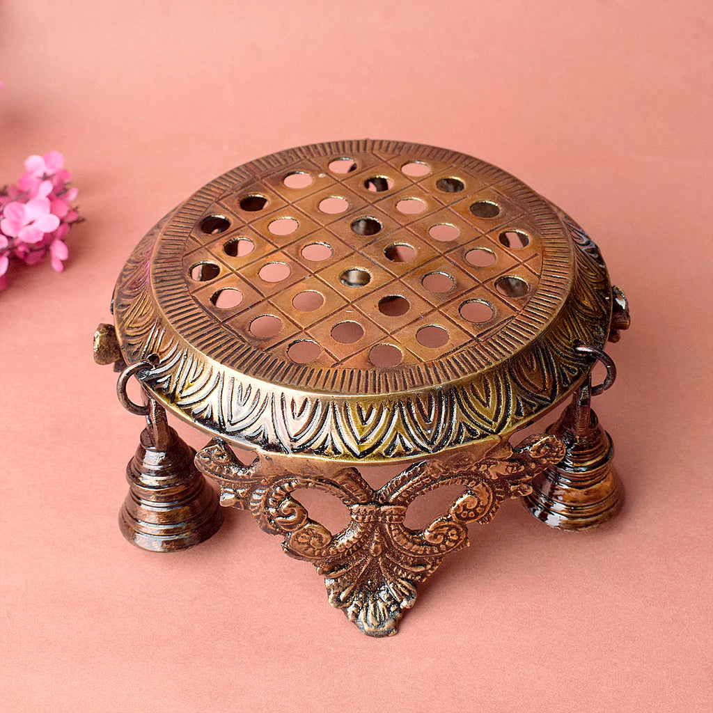 2.8 Inch Artistic Brass Chowki with Hanging Bells – Elegant Decorative Platform for Idols, Pooja, and Home Decor. No.1 Brass Idol Store www.satvikstore.in 