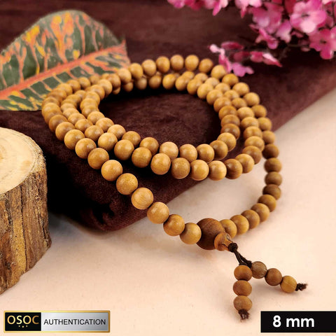 Certified 8mm 100% original authentic Mysore white sandalwood (Chandan) jap mala with smooth round beads, ideal for meditation, chanting, and spiritual rituals.India’s Premium Jap Mala Store - www.satvikstore.in