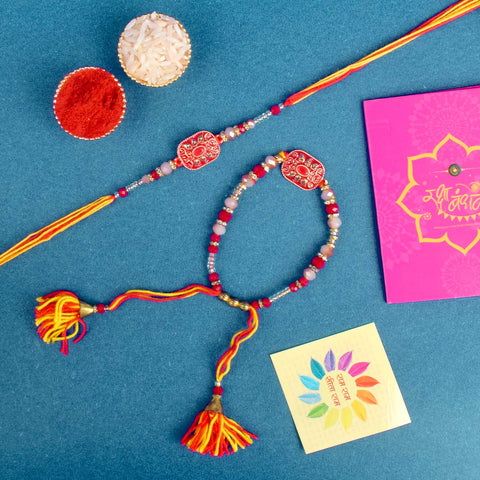 Designer Couple Rakhi Set for Bhaiya and Bhabhi with Roli Chawal and Ram Sita Stickers – Raksha Bandhan Gift Combo. India’s Largest Brass Idols Brand - www.satvikstore.in