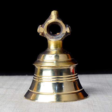5.5 Inch pure brass temple bell (mandir ghanta) with intricate design, ideal for daily puja rituals and enhancing spiritual ambiance at home. No.1 Brass Idol Store www.satvikstore.in 