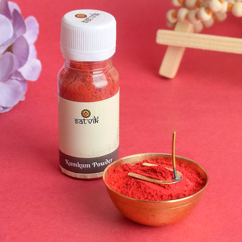 Pure Kumkum powder for pooja, vibrant red in color, traditionally used in Hindu rituals, tilak, and devotional ceremonies for auspicious blessings. 
India’s Largest Pooja Accessories Brand – www.satvikstore.in 