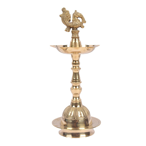 9.5 Inch Embossed Brass Peacock Kerala Samai Diya – Handcrafted brass diya with an embossed peacock design, perfect for pooja ceremonies, religious rituals, and spiritual occasions. India’s Largest Pooja Accessories Brand – www.satvikstore.in