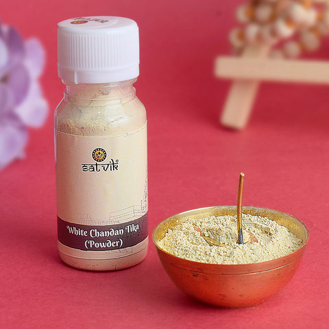 White Chandan (Gopi Chandan) Tika Powder, made from premium safed chandan, is used to apply on the forehead during poojas and spiritual practices. It signifies purity, calmness, and divine blessings – India’s Largest Pooja Accessories Brand – www.satvikstore.in
