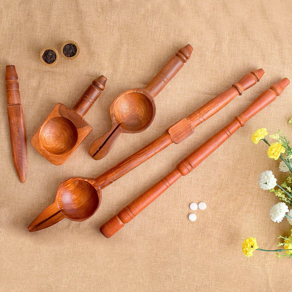 Wooden Havan Yagna Patra Set includes 5 traditional tools – Suchi, Sruva, Pranita, Prokshani, and Sfaya – used for sacred rituals and precise offerings during Havan, Yagna, and other spiritual ceremonies – India’s Largest Pooja Accessories Brand – www.satvikstore.in