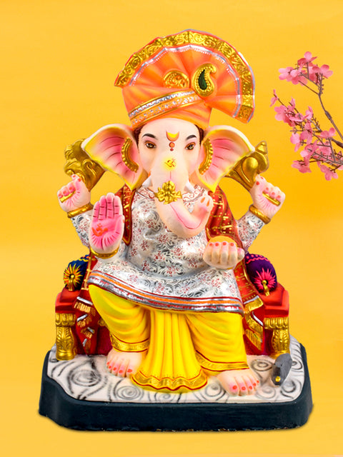 26-inch eco-friendly Lal Bagh Ke Raja Ganesha idol handcrafted from natural clay, featuring majestic detailing and traditional Maharashtrian pagdi for Ganesh Chaturthi. India’s Largest Pooja Accessories Brand – www.satvikstore.in