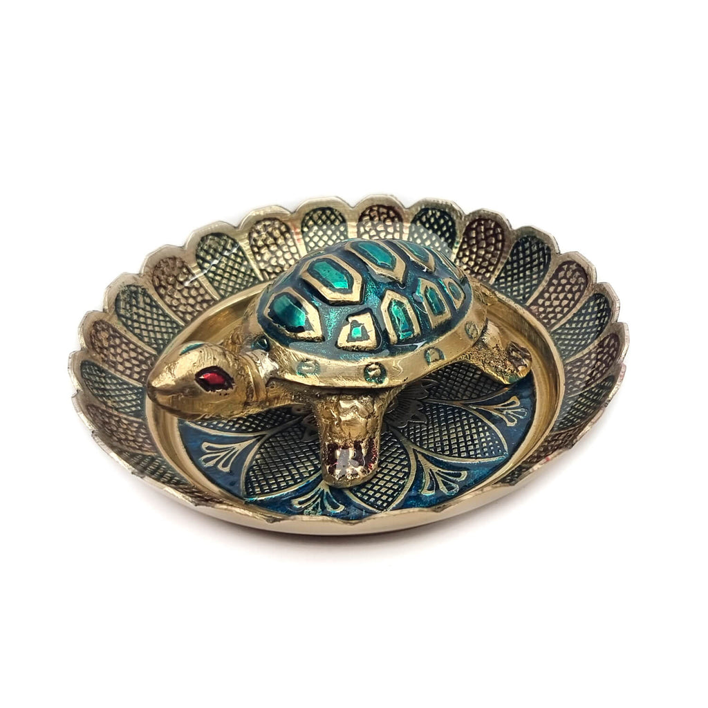 Brass Colored Turtle with Nakashi Plate/Tray Puja Store Online Pooja Items Online Puja Samagri Pooja Store near me www.satvikstore.in