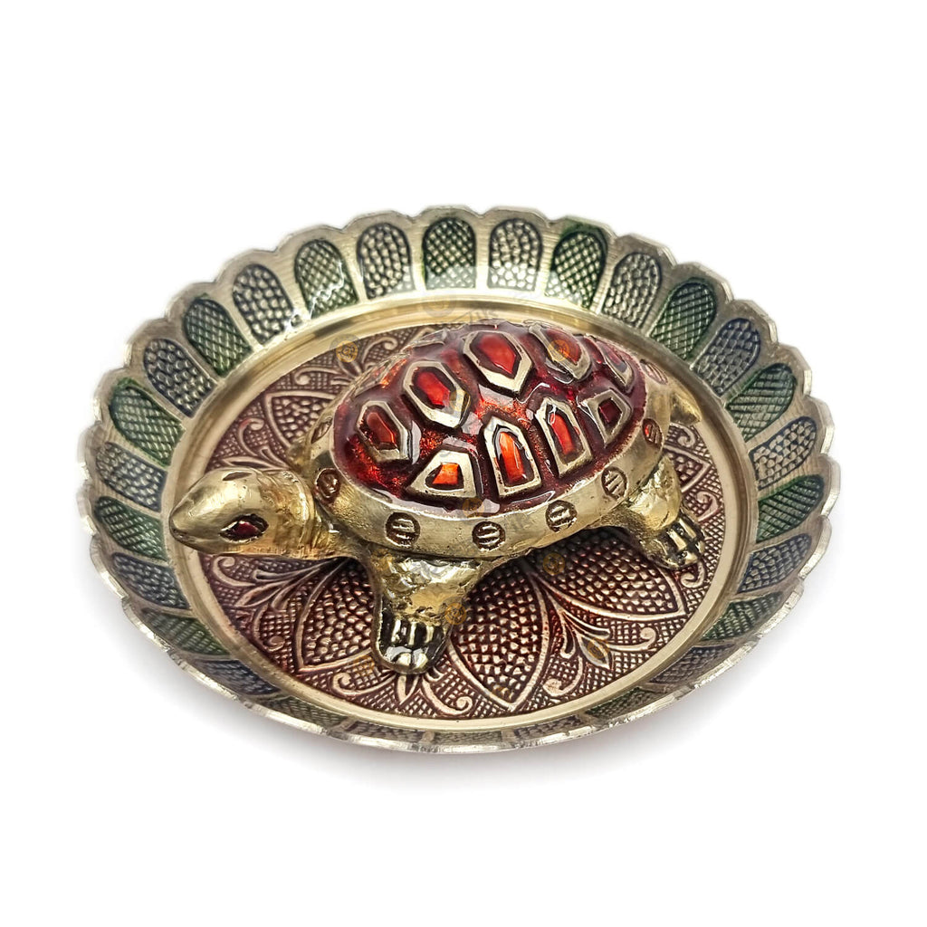 Brass Colored Turtle with Nakashi Plate/Tray Puja Store Online Pooja Items Online Puja Samagri Pooja Store near me www.satvikstore.in