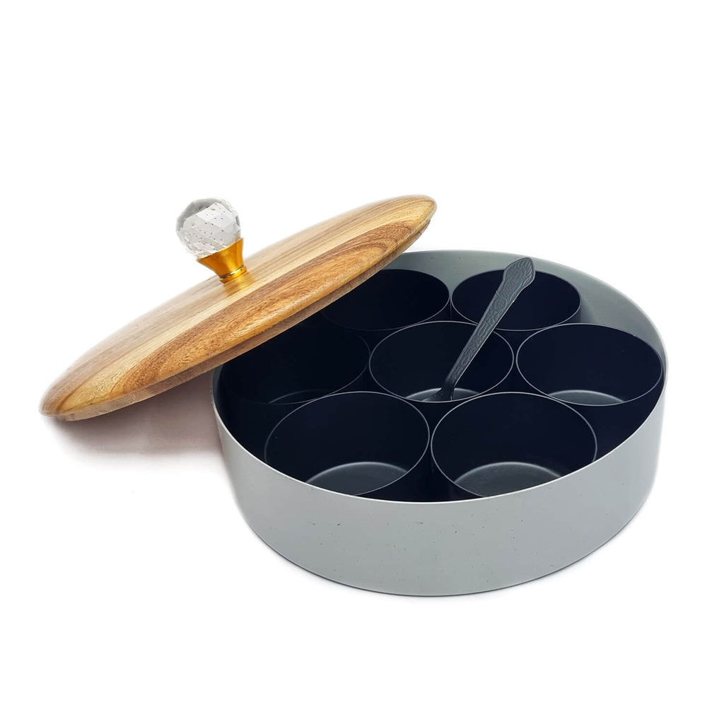 Wooden Diamond Pooja Samagridaan, an intricately designed wooden tray for holding pooja essentials like roli, akshat, and other ritual items during ceremonies. 
India’s Largest Pooja Accessories Brand – www.satvikstore.in 