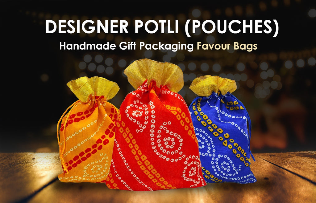 Designer Bandhej Print Potli Dry Fruit Favour Pouches Puja Store Online Pooja Items Online Puja Samagri Pooja Store near me www.satvikstore.in